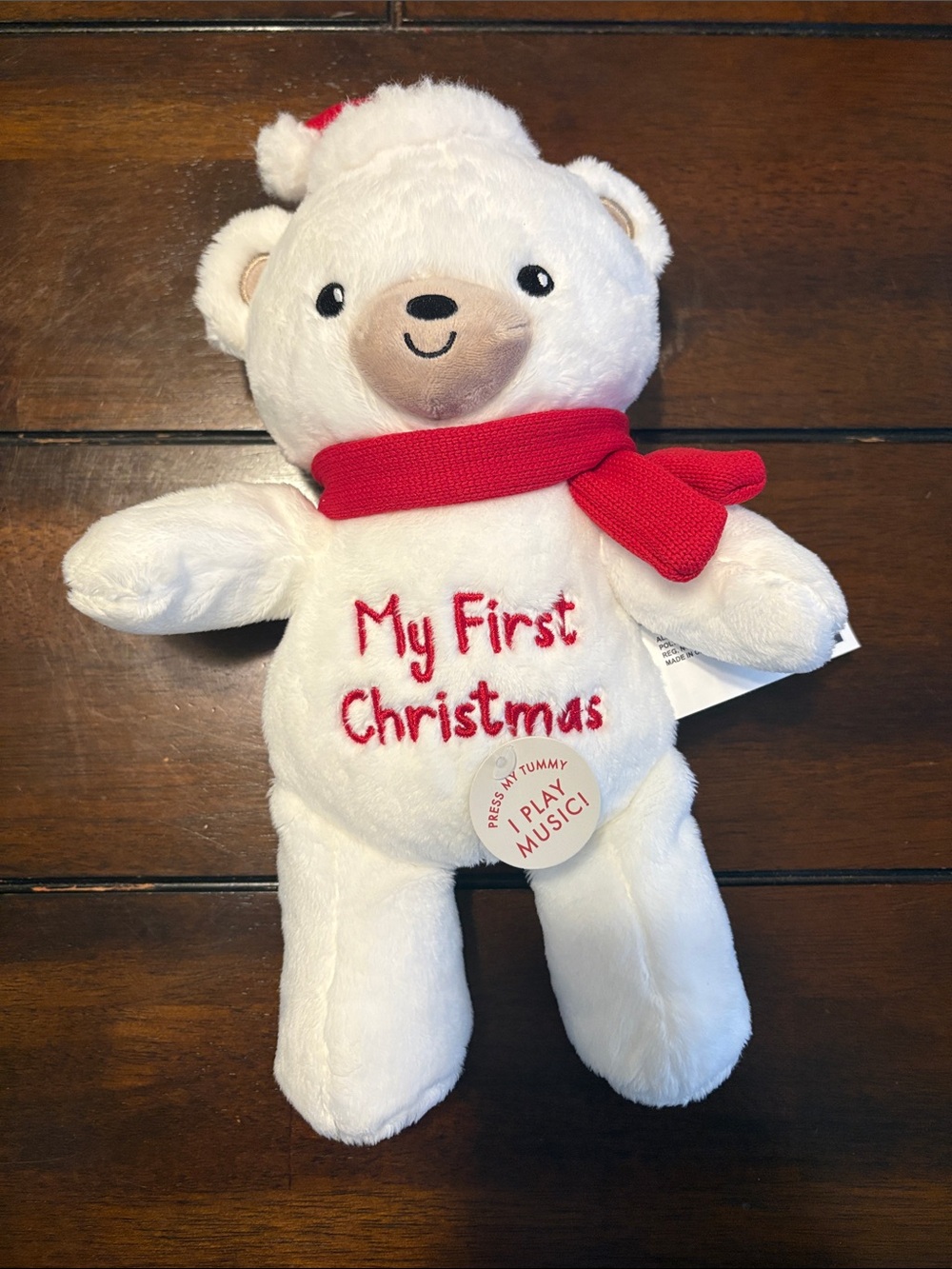 White Plush Bear Toy with Red Scarf - "My First Christmas" Musical Plush